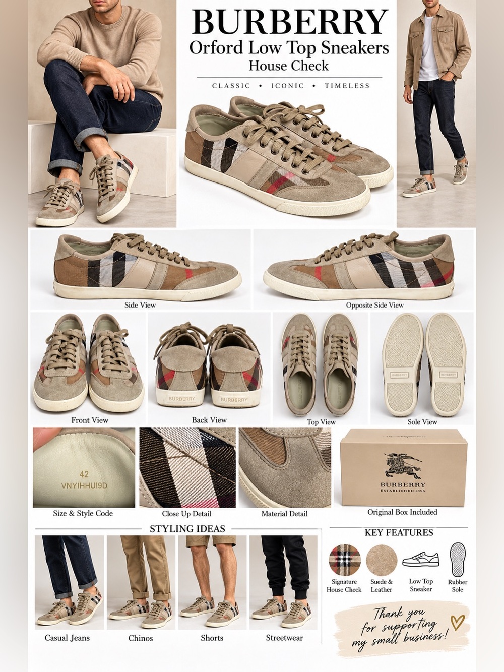 Burberry Orford House Check Low Top Sneakers Suede Leather Beige EU 42 UK 8